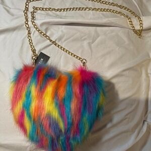 Rainbow faux fur heart bag